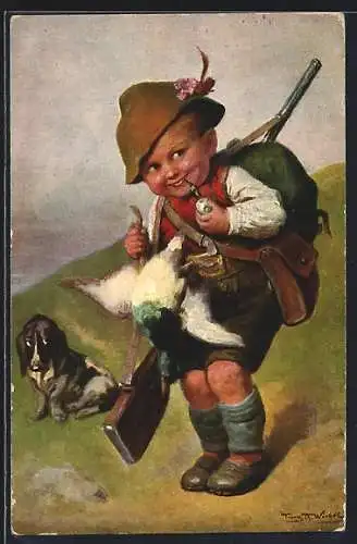 Künstler-AK Rüger-Hansi mit erlegter Ente und Pfeife im Mund