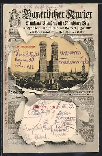 Zeitung-AK München, Frauenkirche, Zeitung Bayerischer Kurier