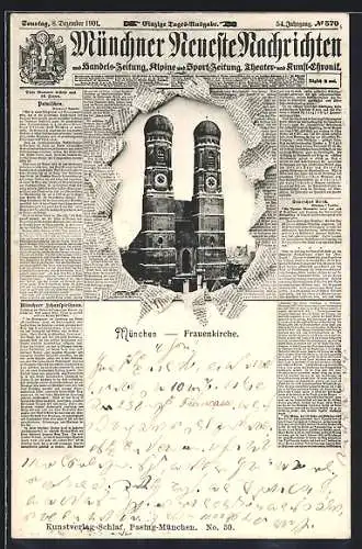 Zeitung-AK München, Frauenkirche, Zeitung Münchner Neueste Nachrichten
