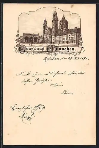 Vorläufer-Lithographie München, 1895, Theatinerkirche und Feldherrnhalle