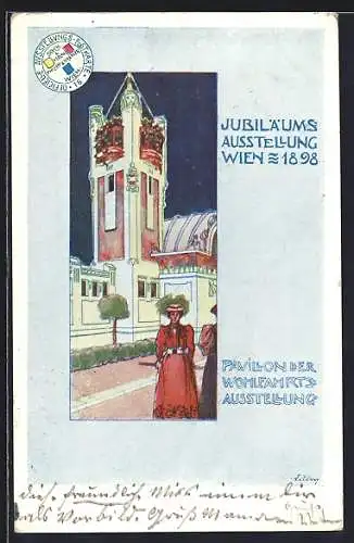 Künstler-AK Wien, Jubiläums-Ausstellung 1898, Pavillon der Wohlfahrts-Ausstellung, Jugendstil