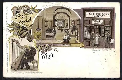Lithographie Wien, Gasthaus Süsses Löchel, Inneres Methkeller, Eingang