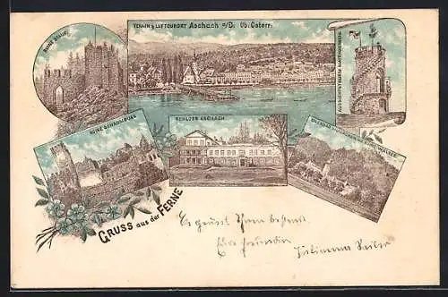 Künstler-AK Aschach a. D., Schloss, Ruine Stauf, Ruine Schaumburg und Aussichtsthurm Mayrhoferberg