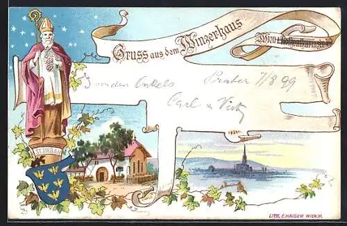 Lithographie Wien, Restaurant Winzerhaus in der Rothenthurmstrasse 19, St. Urban mit Wappen