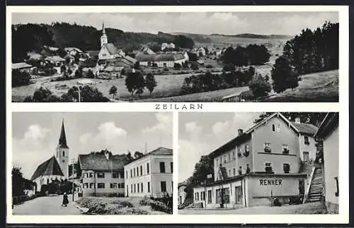 AK Zeilarn / Obb., Gesamtansicht, Ortspartie mit Kirche und Geschäft Renner