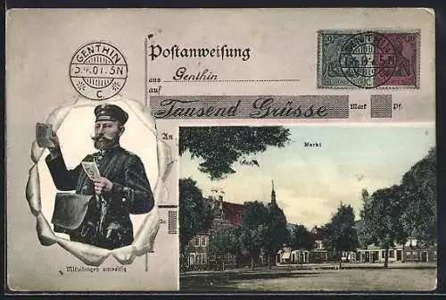 AK Genthin, Markt im Passepartout mit Briefträger und Briefmarken