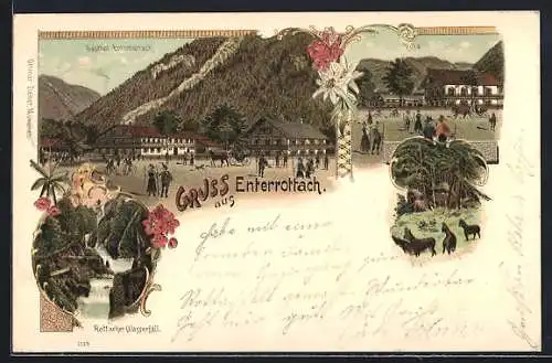 Lithographie Enterrottach, Gasthof Enterrottach, Rottacher Wasserfall, Villa, Gemsen