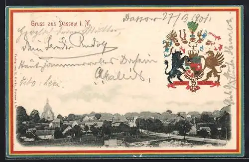 AK Dassow i. M., Ortsansicht aus der Vogelschau, Wappen