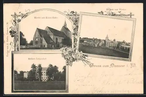 AK Dassow i. M., Schloss Lütgenhof, Kirche mit Kaiser-Eiche, Blick von Westen
