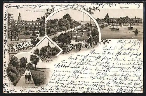 Lithographie Boltenhagen, Hotel zum Grossherzog, Strand-Promenade und Kurgarten