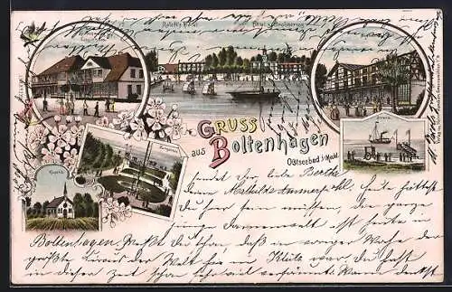 Künstler-AK Boltenhagen i. Meckl. /Ostsee, Roloff`s Hotel u. Hotel zum Grossherzog, Seebachs Hotel, H. Schwarz-Logierhaus