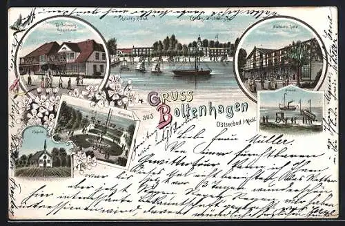 Lithographie Boltenhagen i. Meckl., Pension von H. Schwarz, Roloff`s Hotel, Seebachs-Hotel, Kurgarten