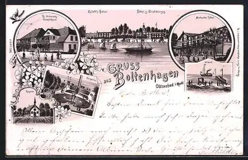 Künstler-AK Boltenhagen i. Meckl. /Ostsee, Roloff`s Hotel u. Hotel zum Grossherzog, Seebachs Hotel, H. Schwarz-Logierhaus