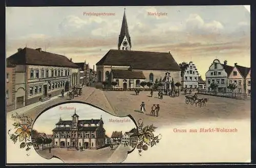 AK Markt-Wolnzach, Freisingerstrasse und Marktplatz, Rathaus am Marienplatz