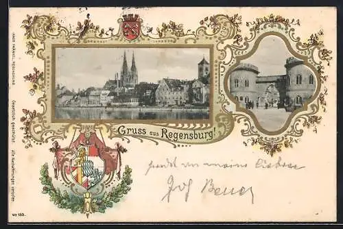 Passepartout-Lithographie Regensburg, Stadtpanorama, Stadttor, Wappen