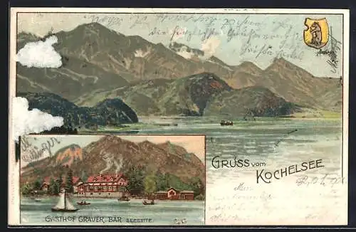 Lithographie Kochelsee, Gasthof Grauer Bär, Seeseite