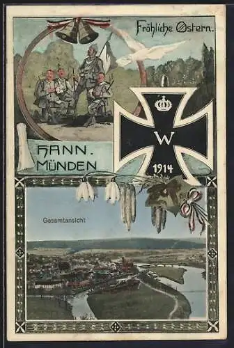 Künstler-AK Hann. Münden, Ortsansicht aus der Vogelschau, Soldaten in Uniformen, Eisernes Kreuz