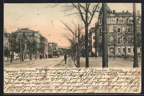 AK Dresden-Striesen, Hüblerstrasse mit Strassenbahn