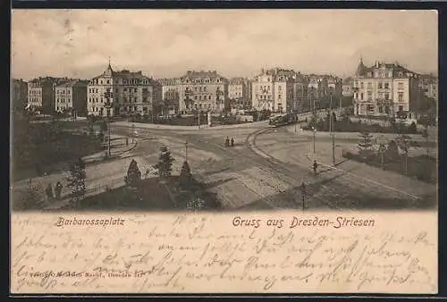 AK Dresden-Striesen, Blick auf den Barbarossaplatz mit Strassenbahn