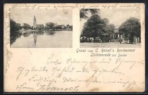 AK Lichtenrade bei Berlin, G. Reisel`s Restaurant und Wasserpartie im Ort