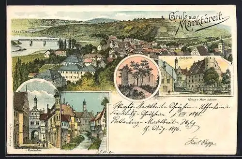 Lithographie Marktbreit, Strassenpartie am Mainthor, Rathaus, Panorama