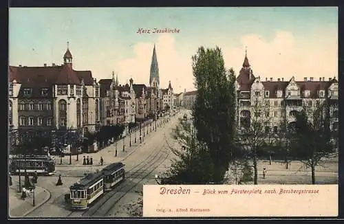 AK Dresden-Striesen, Fürstenplatz mit Borsbergstrasse, Strassenbahn, Herz-Jesu-Kirche