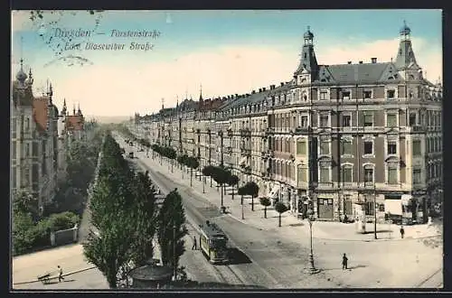 AK Dresden, Fürstenstrasse Ecke Blasewitzer Strasse mit Strassenbahn