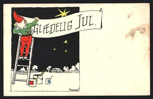Künstler-AK Zwerg hängt Weihnachtsdekorationen auf, Glaedelig Jul