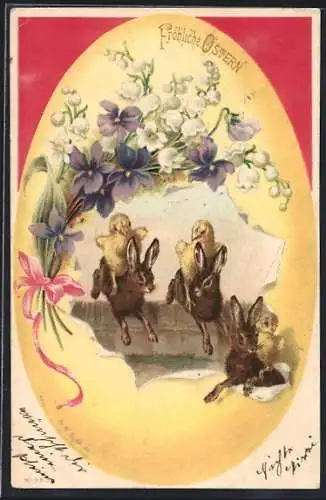 Präge-AK Osterhasen brechen mit Küken aus einem Ei