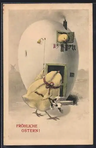AK Fröhliche Ostern, Küken läutet an der Tür eines Ostereier-Hauses