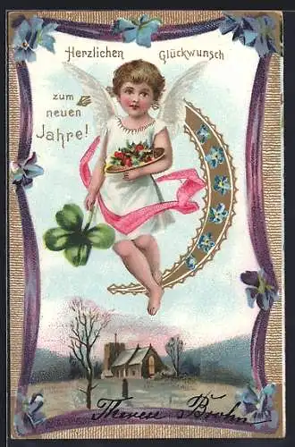 AK Neujahrsengel schwebt mit einem Kleeblatt über der Kirche