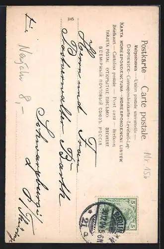 AK Neujahrsengel schwebt mit einem Kleeblatt über der Kirche