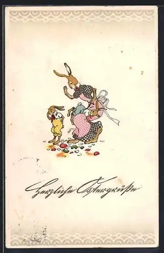 AK Osterhasen-Mutter mit zwei Hasenkindern