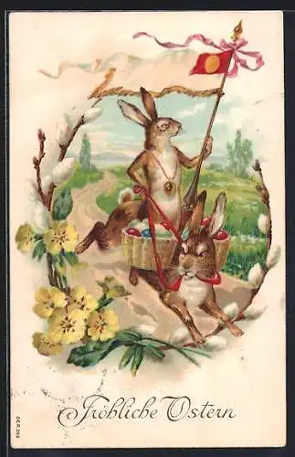 Präge-AK Osterhasen reiten einen Feldweg entlang