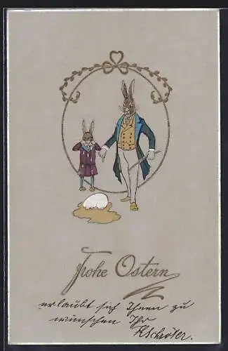 AK Osterhasenvater und -kind mit kaputtem Osterei