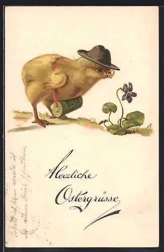 AK Osterküken betrachtet eine Blume