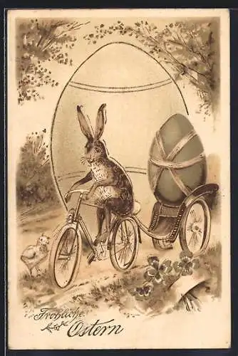 Präge-AK Osterhase transportiert ein Osterei mit dem Fahrrad