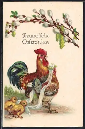 AK Hühner-Brautpaar mit zwei Osterküken und Weidenzweig, Freundliche Ostergrüsse