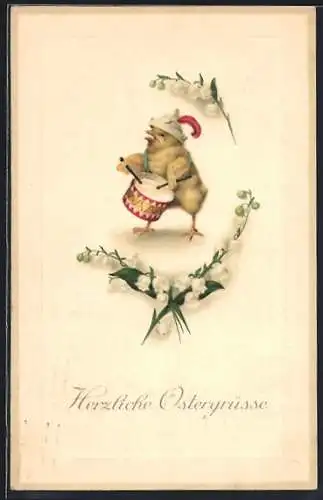 Präge-AK Osterküken mit Hut und Trommel, Maiglöckchen