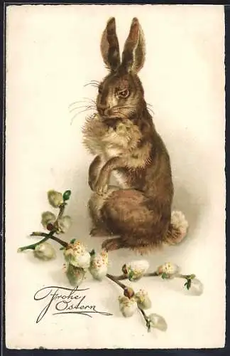 AK Osterhase mit Weidenkätzchen, Frohe Ostern