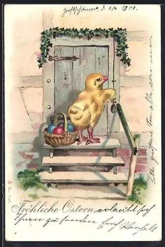 AK Osterküken mit Osterkorb vor der Tür, Ostergruss