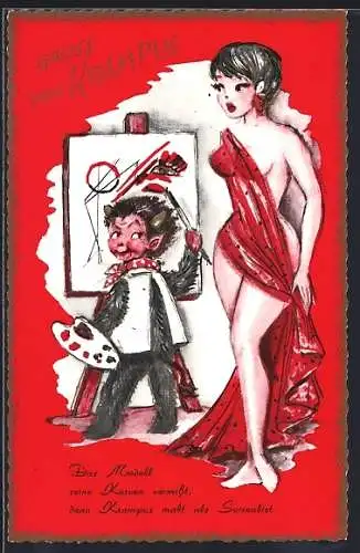 AK Krampus malt surrealistisches Bild einer Frau
