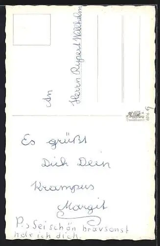 AK Krampus schenkt einer Frau in kurzem Kleid Rosen