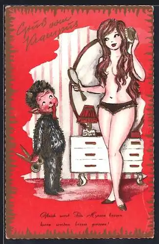 AK Krampus mit einer Schere in der Hand, Gleich wirst Du Haare lassen...