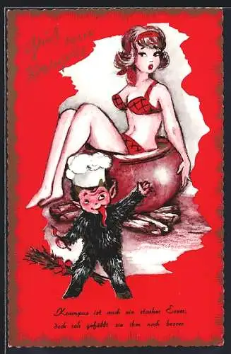 AK Krampus mit Dame in einem Kochtopf