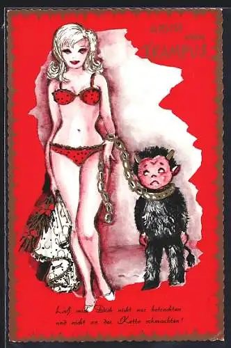 AK Krampus mit Eisenkette gefangen von einer Dame in Unterwäsche