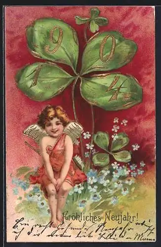 AK Amor unter einem Kleeblatt auf einer Blumenwiese, Fröhliches Neujahr
