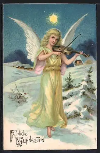 Präge-AK Weihnachtsengel mit Geige im Schnee
