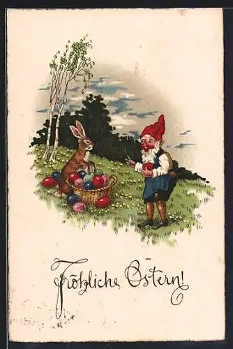 AK Zwerg und Osterhase auf einer Wiese