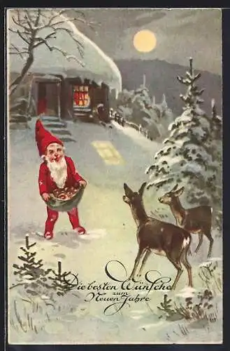 AK Zwerg bringt Äpfel zu Rehen heraus in die Winterlandschaft, Neujahrsgruss